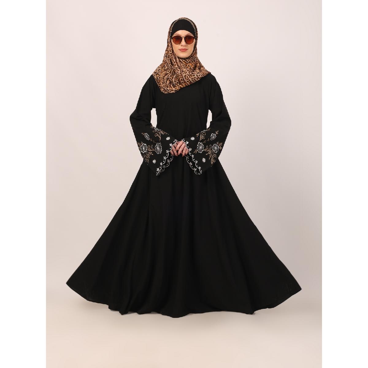 Umbrella abaya with embroidery work on sleeves-Black image 4